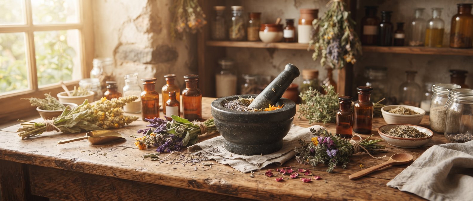 Médecine naturelle traditionnelle, mortier et pilon avec des plantes médicinales et des flacons en verre, lumière chaude dorée, esthétique apothicaire