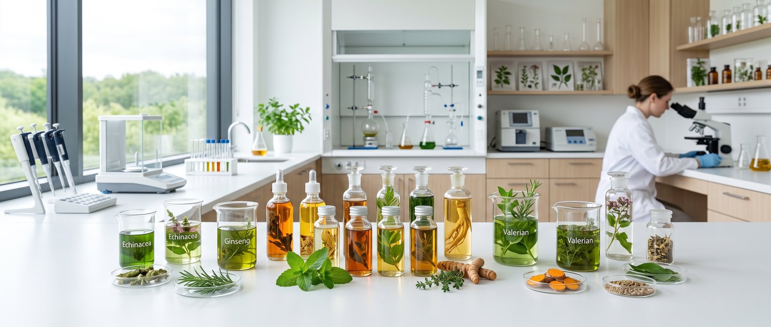 Laboratoire de recherche en compléments naturels, flacons en verre avec extraits de plantes et botaniques verts, lumière scientifique douce, esthétique précise