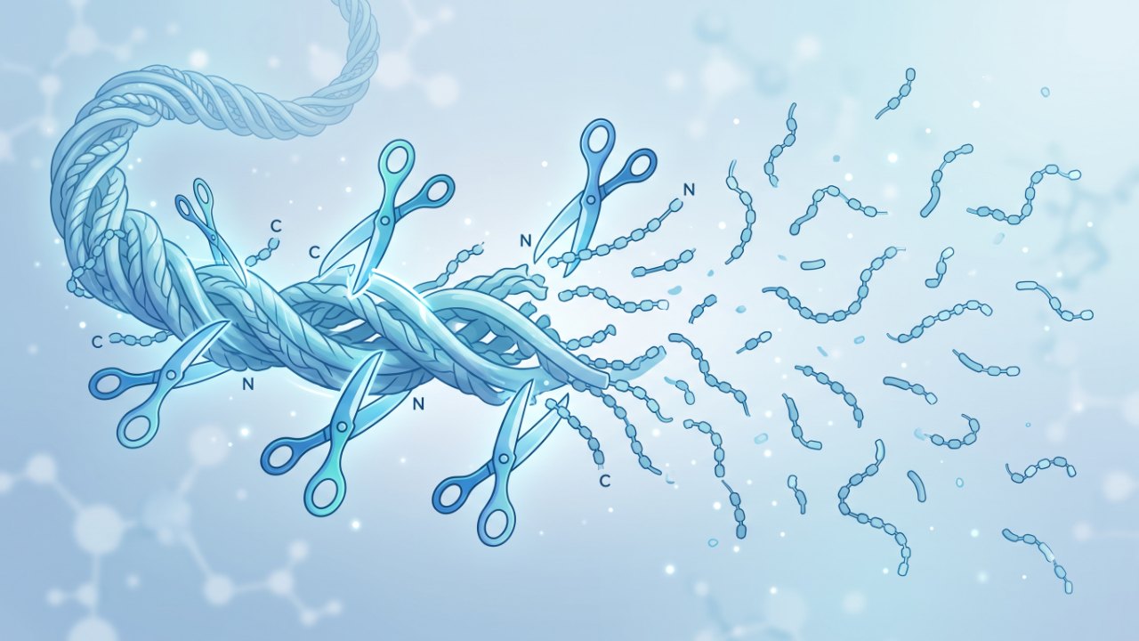 Hydrolyse du collagène : grande molécule découpée en petits peptides