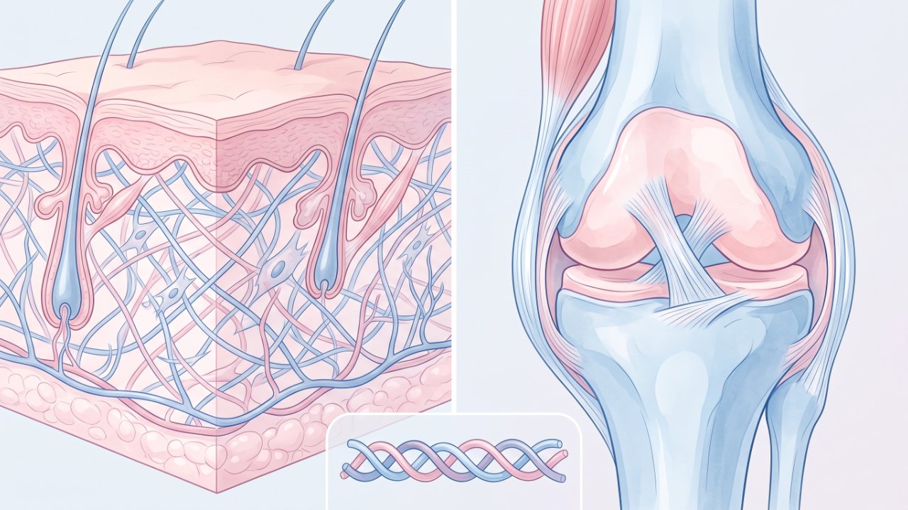 Illustration des fibres de collagène dans la peau et les articulations