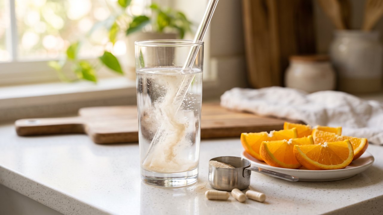 Prise de collagène : poudre, gélules, verre d'eau et agrumes riches en vitamine C