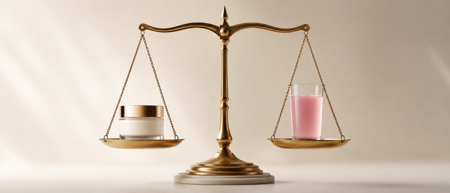 Balance symbolisant le verdict nuancé entre crème et cure de collagène