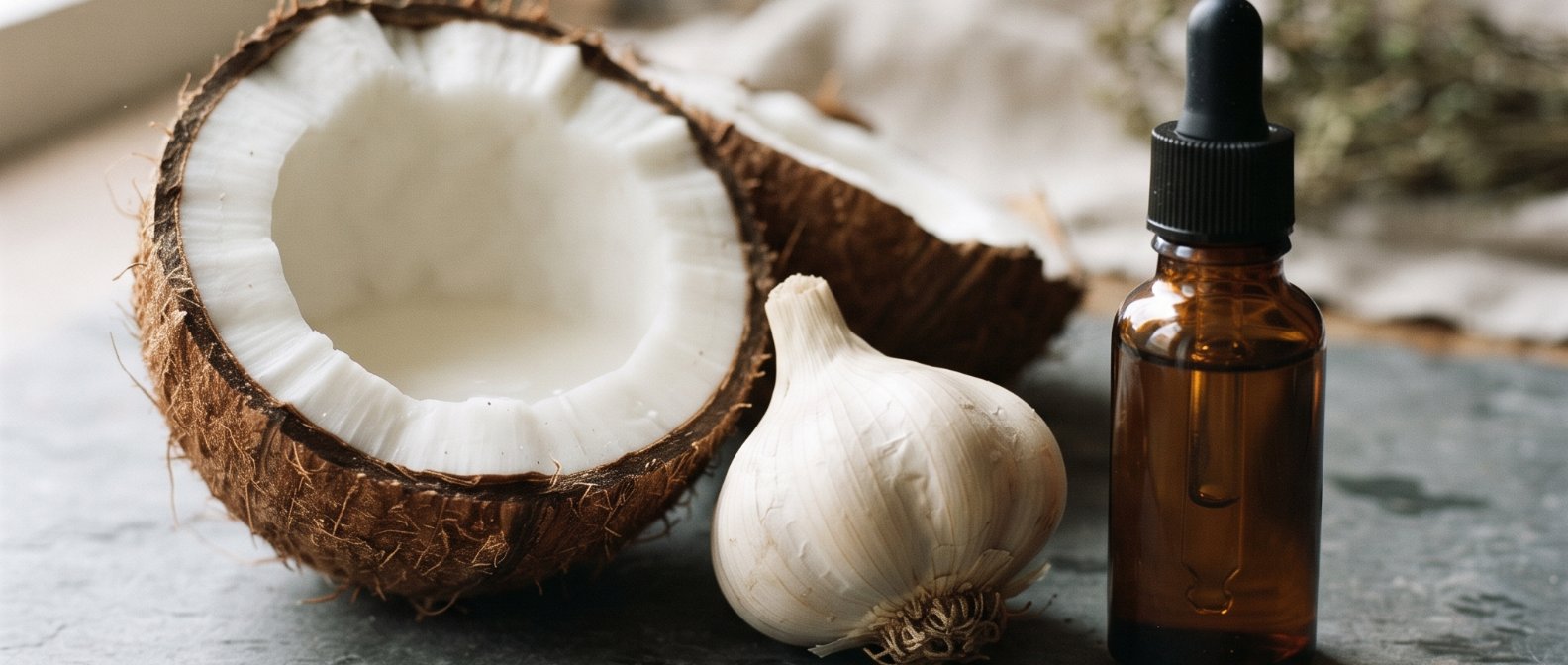 A beautifully composed rustic still life of a halved fresh coconut a robust bulb of raw garlic and a small amber glass apothecary dropper bottle containing botanical extracts resting on a clean gray slate surface under soft natural light, photorealistic, no text no labels