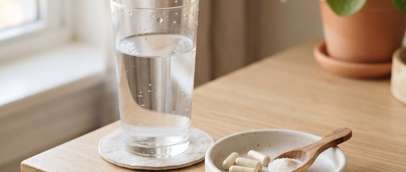 A neat minimalist setup of a tall glass of fresh water standing next to an elegant ceramic dish holding a few light-colored supplement capsules and a small wooden spoon of fine white powder soft and bright morning atmosphere, photorealistic, no text no labels