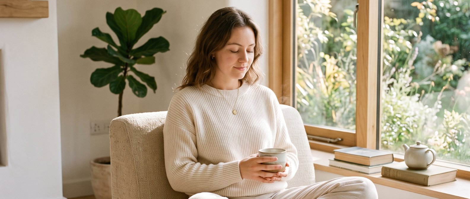 A serene warm-toned lifestyle photograph of a person sitting comfortably in a sun-drenched minimalist living room holding a warm porcelain cup of herbal tea looking peaceful and relaxed conveying physical comfort, photorealistic, no text no labels