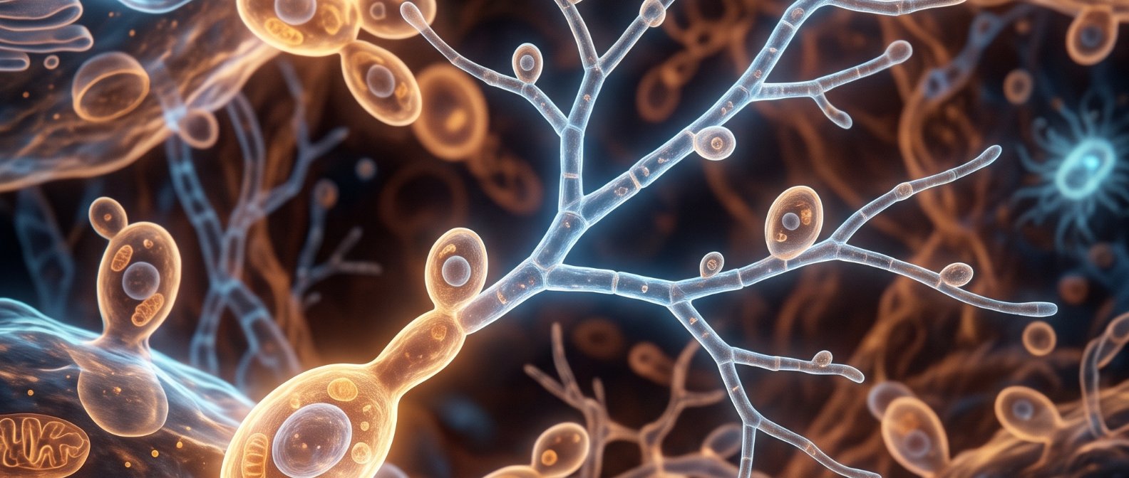 A high-tech detailed scientific 3D illustration of single-celled yeasts changing into delicate branching filamentous structures within a warm organic cellular environment glowing in soft blue and amber light, photorealistic, no text no labels