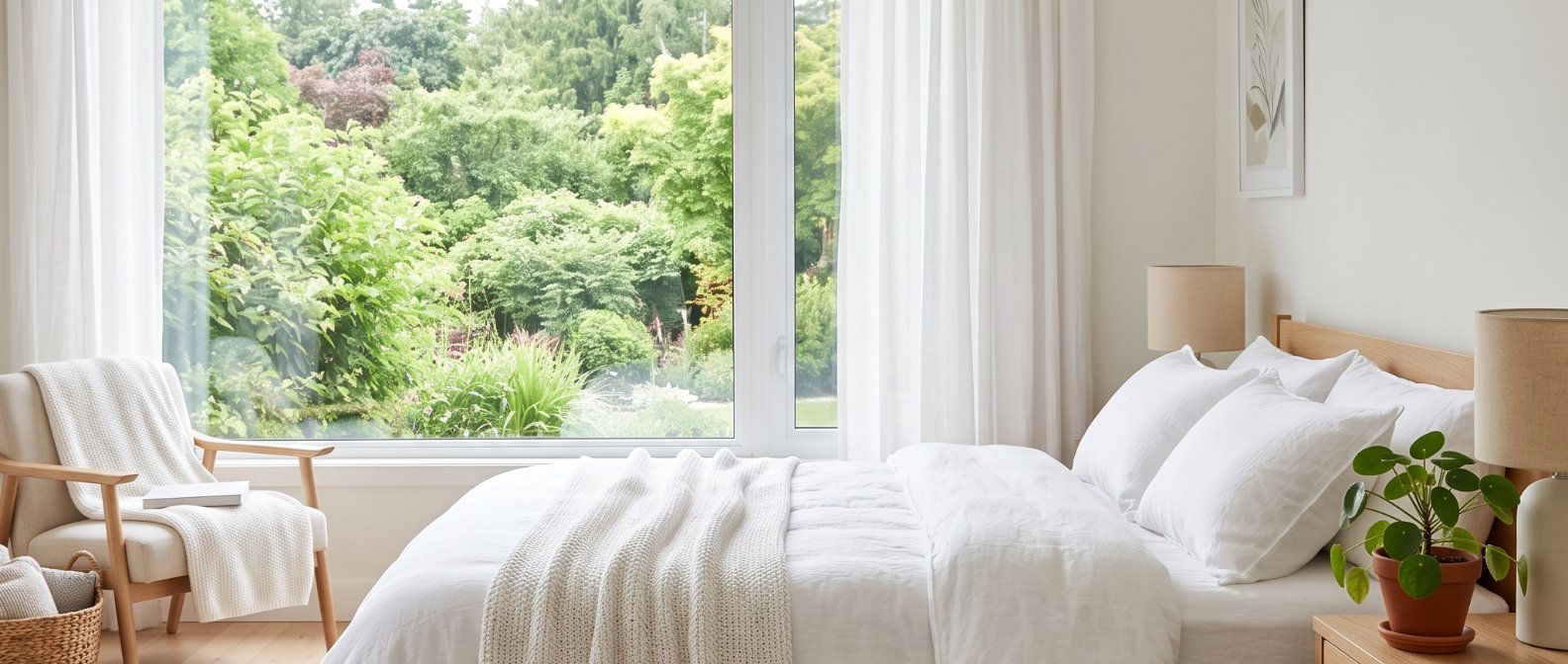 A bright airy and modern bedroom interior with soft natural light streaming through a large window overlooking green foliage featuring crisp white bedding and a small green potted plant on a wooden nightstand evoking peace and restful health, photorealistic, no text no labels