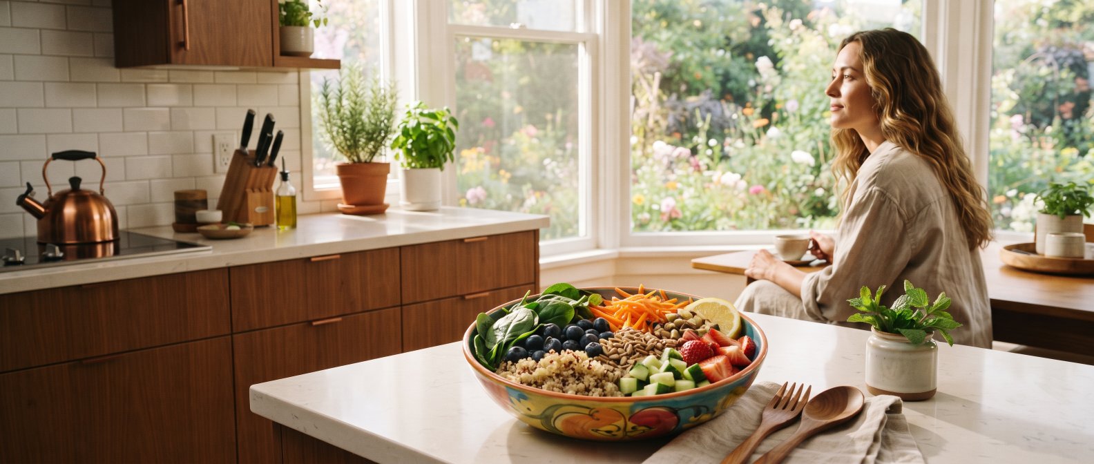 Plan de cuisine lumineux avec un bol d aliments pauvres en FODMAP, epinards myrtilles carottes et quinoa, ambiance sereine