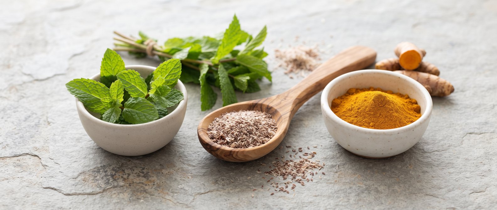 Arrangement botanique, graines de psyllium, feuilles de menthe poivree et poudre de curcuma dans des bols, style pharmacie naturelle