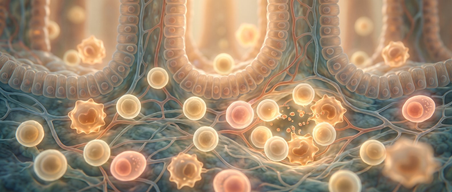 Illustration de l'intestin enflamme et du role du systeme immunitaire, lumiere douce, esthetique medicale apaisante