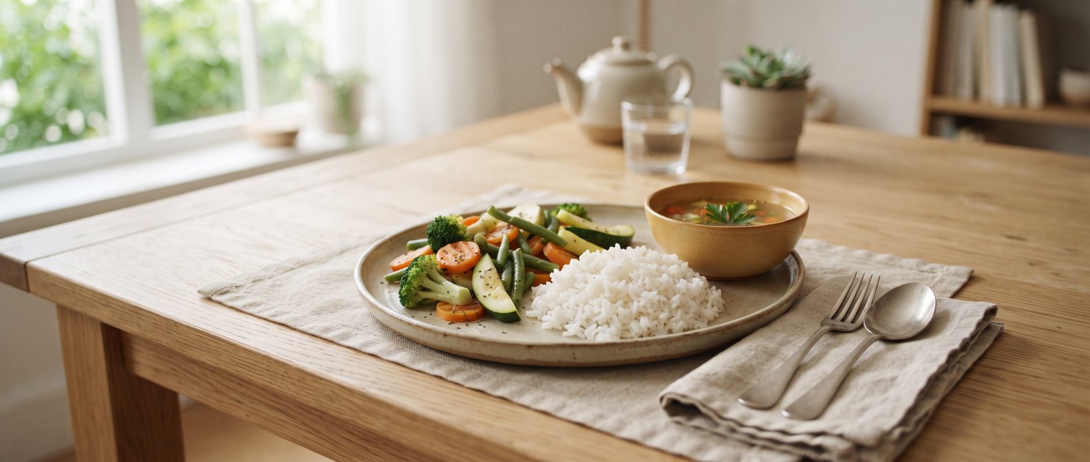 Alimentation douce et adaptee pour le confort digestif, aliments simples et frais, lumiere chaude naturelle