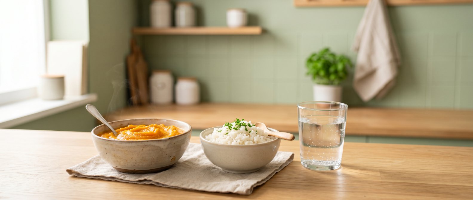 Plan de travail de cuisine lumineux, bols de puree de carotte, riz blanc et verre d eau, douceur et soin nutritionnel