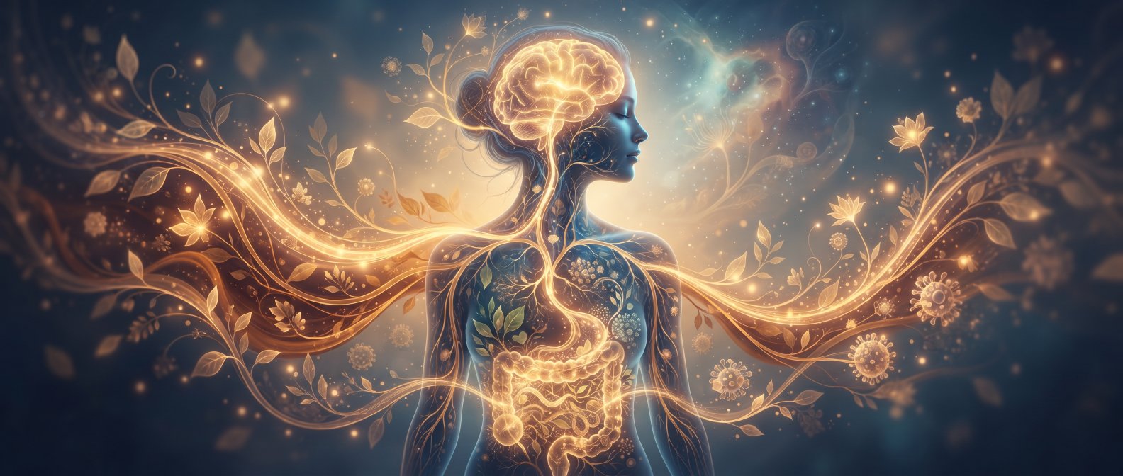 Illustration apaisante de l axe intestin-cerveau-immunite, lumiere doree et voies botaniques autour d une silhouette humaine
