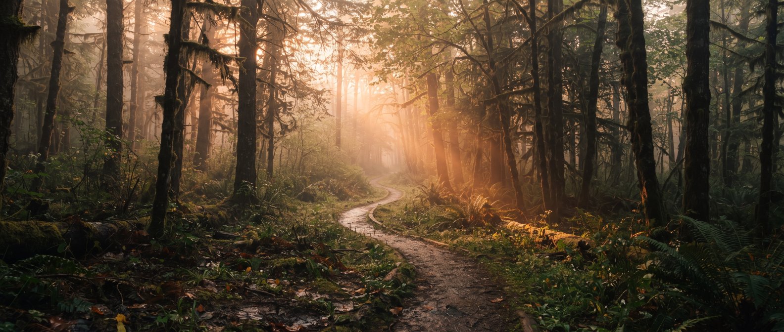 Paysage paisible au lever du soleil, sentier serpentant dans une foret brumeuse, rayons doux, evoquant guerison et resilience