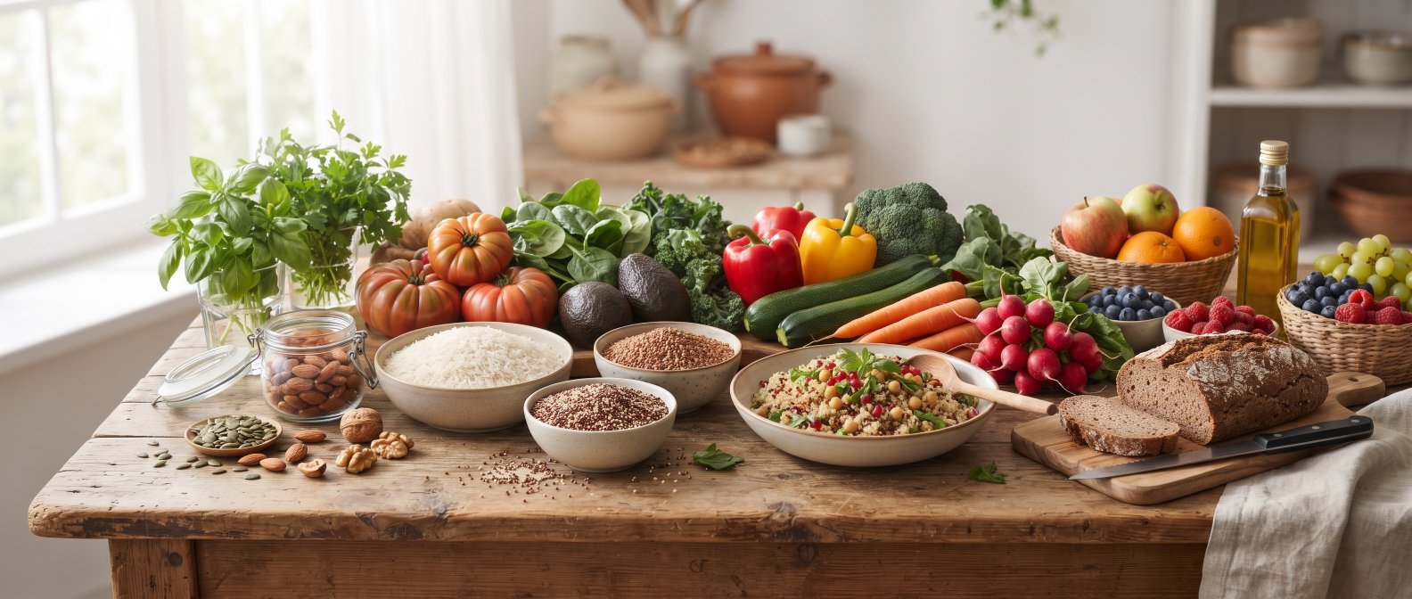 Aliments naturellement sans gluten, riz quinoa legumes et fruits frais, lumiere chaude naturelle
