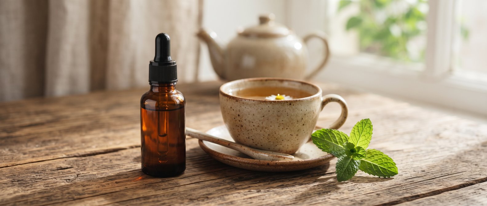 Nature morte, flacon compte-gouttes en verre ambre pres d une tasse de tisane de camomille et un brin de menthe, table en bois, ombres douces du matin