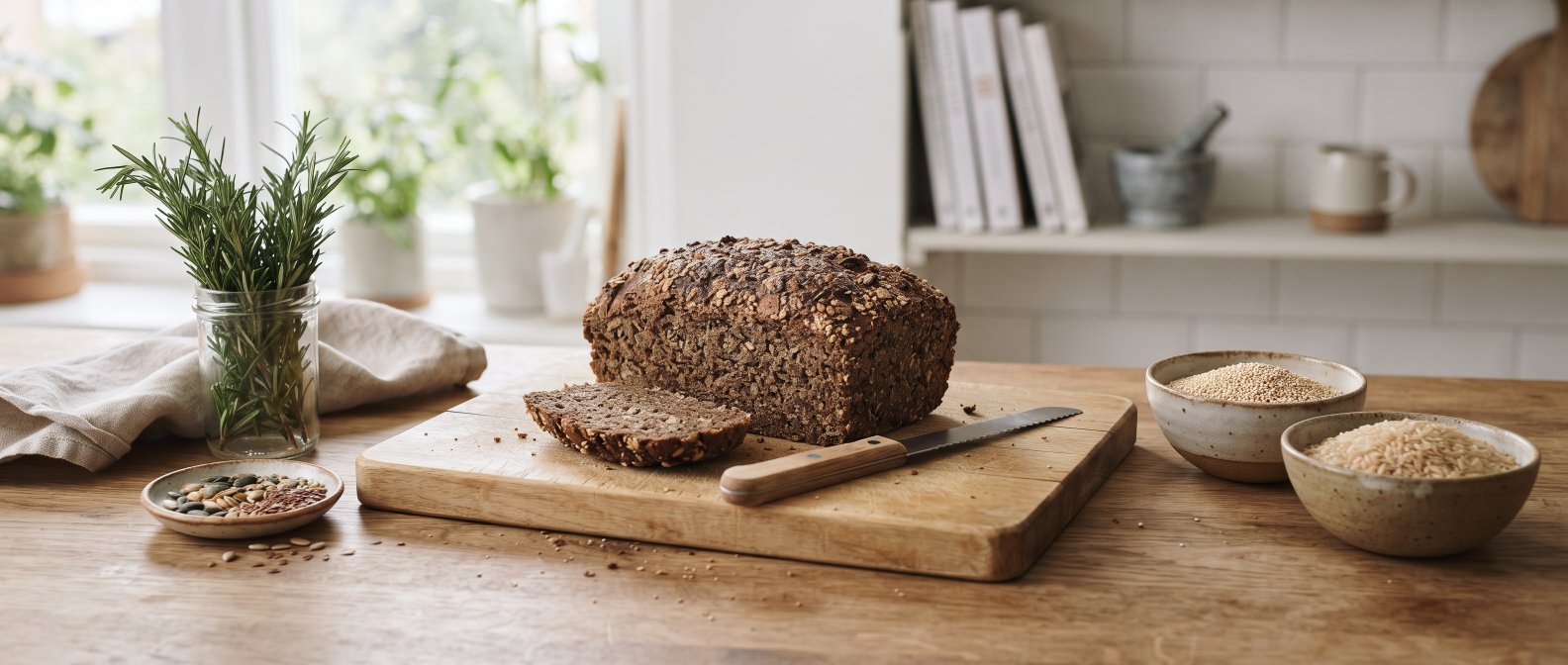 Scene de cuisine minimaliste, planche en bois avec un pain sans gluten aux graines, quinoa et riz brun dans des bols en ceramique, lumiere naturelle douce