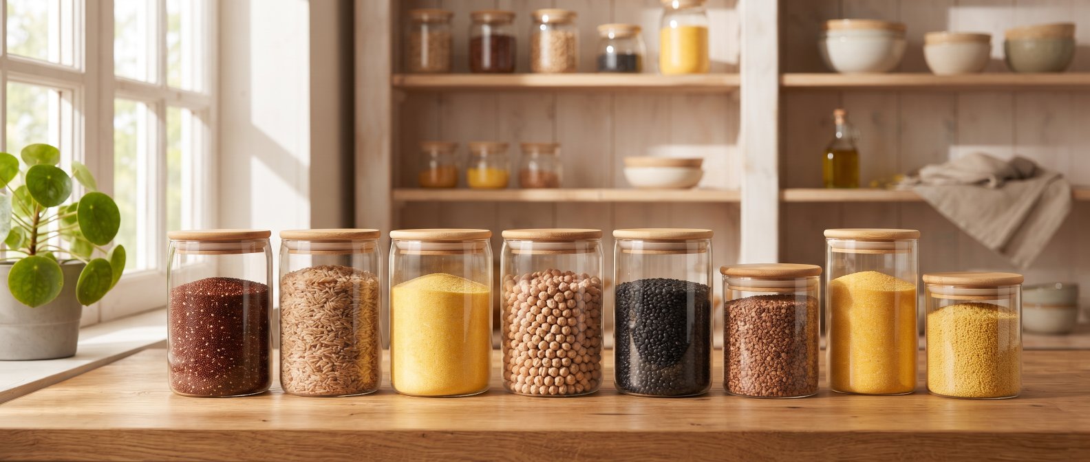 Plan de garde-manger lumineux, bocaux en verre remplis de quinoa rouge, riz brun, semoule de mais et pois chiches secs, ensoleillement chaleureux