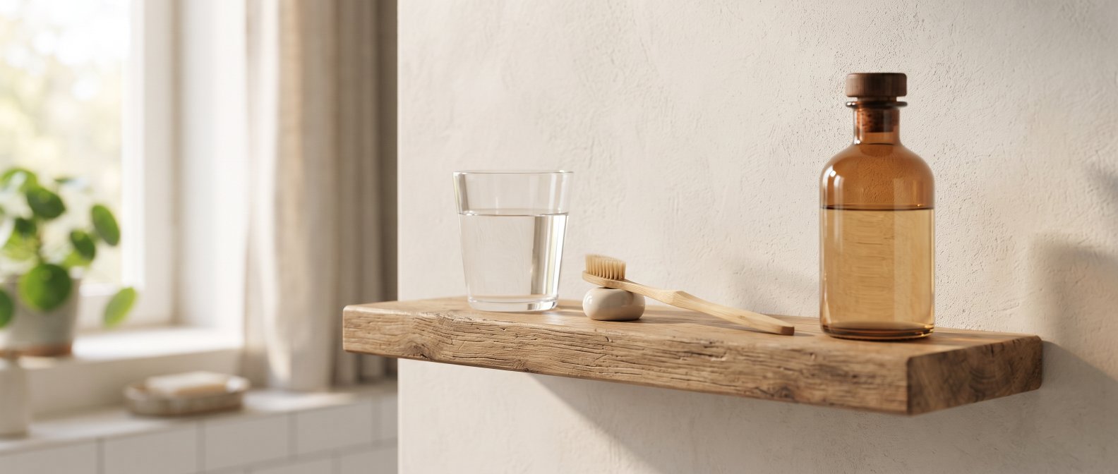 Etagere de salle de bain sereine avec un verre d eau, une brosse a dents en bois et un bain de bouche naturel, lumiere chaude d apres-midi
