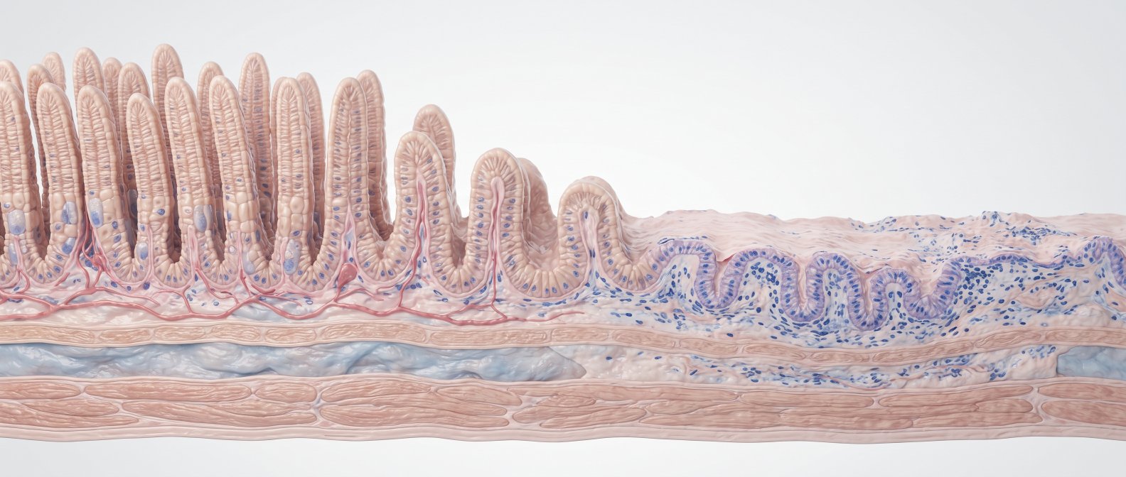 Coupe microscopique de l intestin grele, transition de villosites saines vers des villosites aplaties, palette clinique bleue et beige