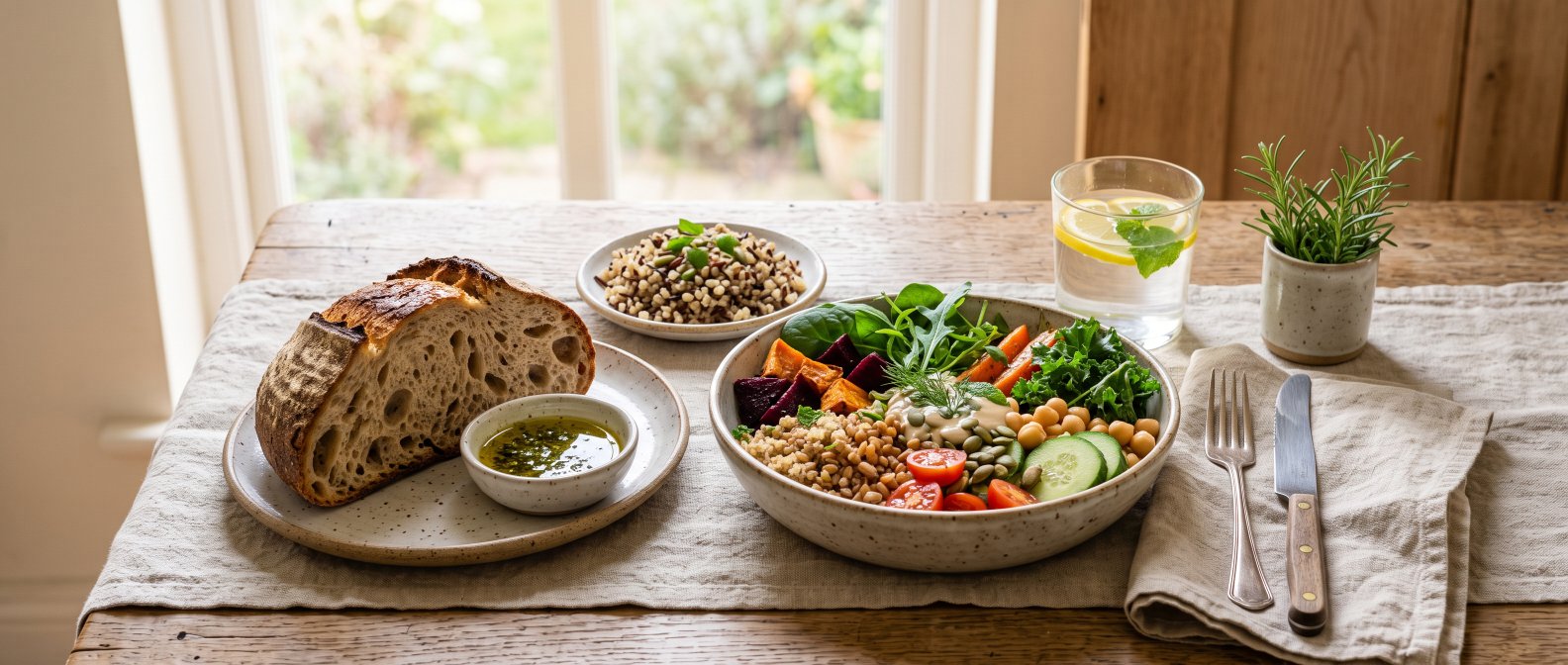 Repas equilibre et serein, pain au levain et cereales variees, legumes, lumiere chaude naturelle
