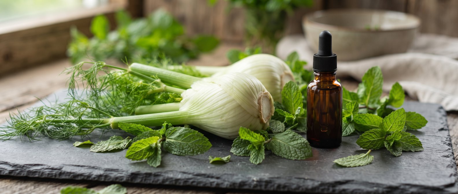 Fenouil frais et feuilles de menthe poivree sur une ardoise, a cote d un flacon compte-gouttes d extrait de plantes, esthetique bien-etre