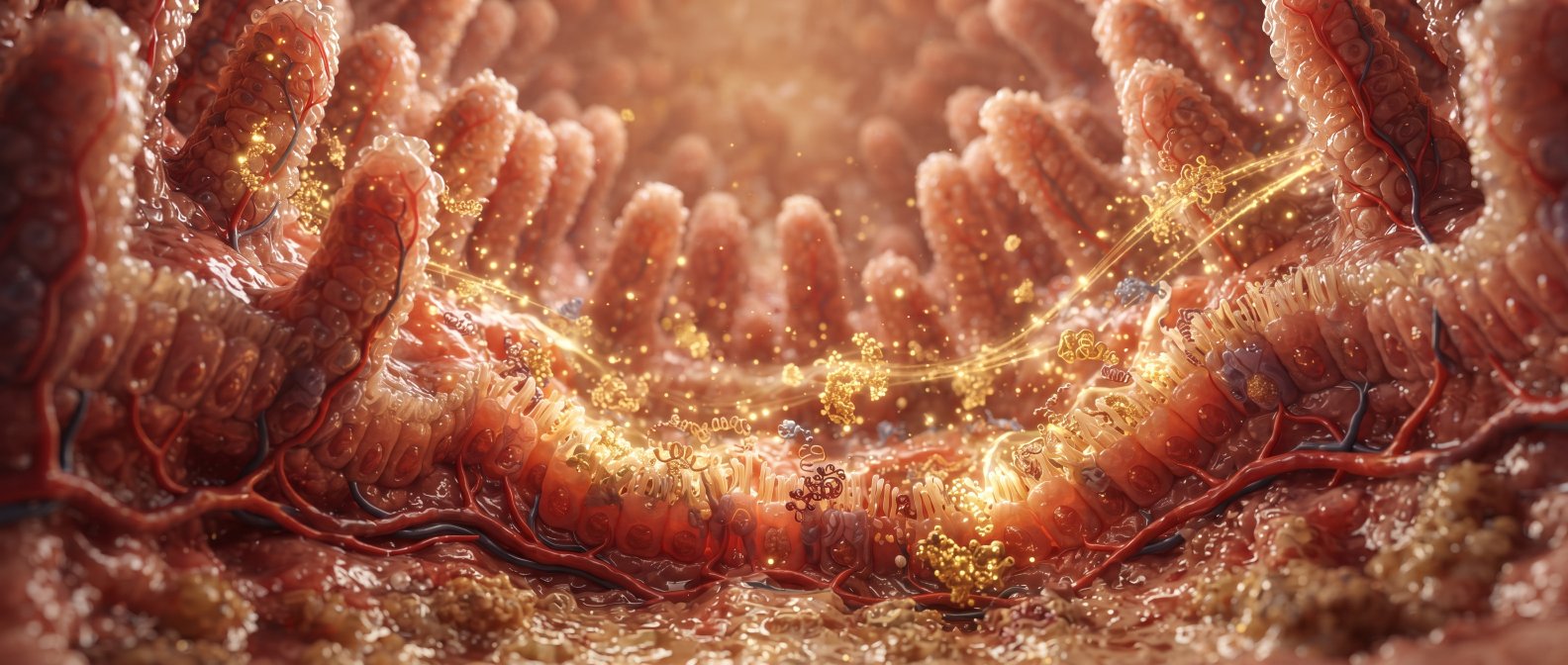 Visualisation scientifique de l interieur d un intestin grele sain, lueur doree illustrant les enzymes digestives interagissant avec les proteines