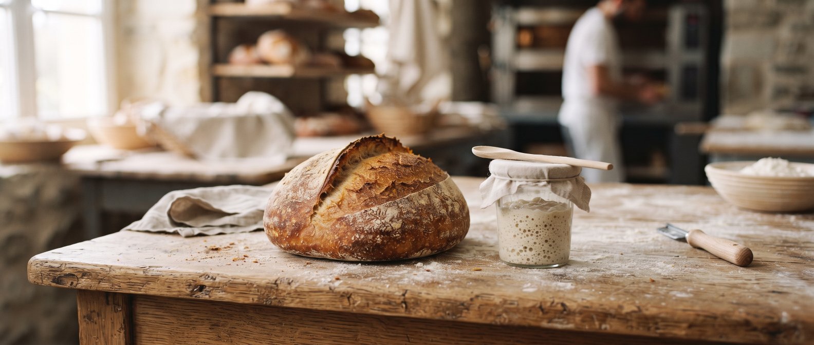 Pain au levain dore a la croute croustillante sur une table en bois farinee, a cote d un pot de levain naturel, lumiere douce du matin