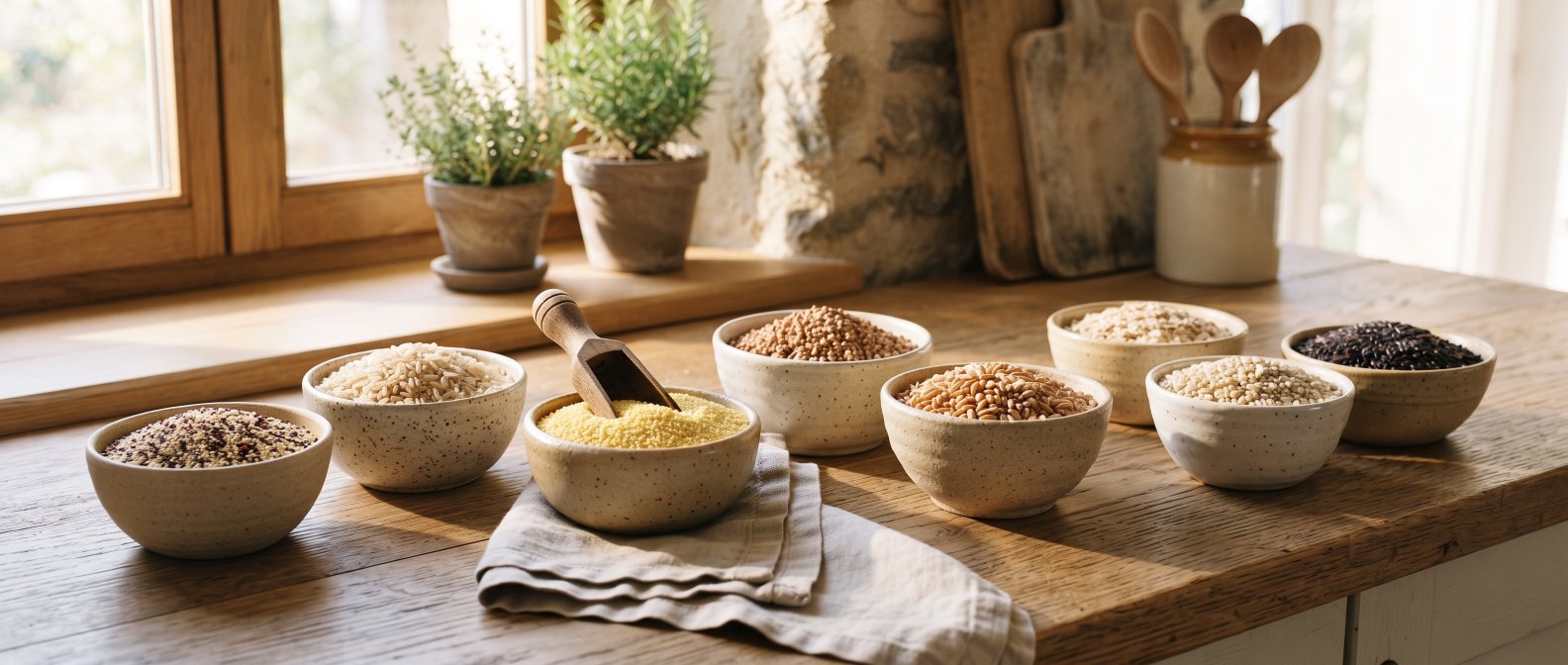 Plan de cuisine rustique avec des cereales completes variees, quinoa riz brun millet et sarrasin dans des bols en ceramique, rayons de soleil chaleureux