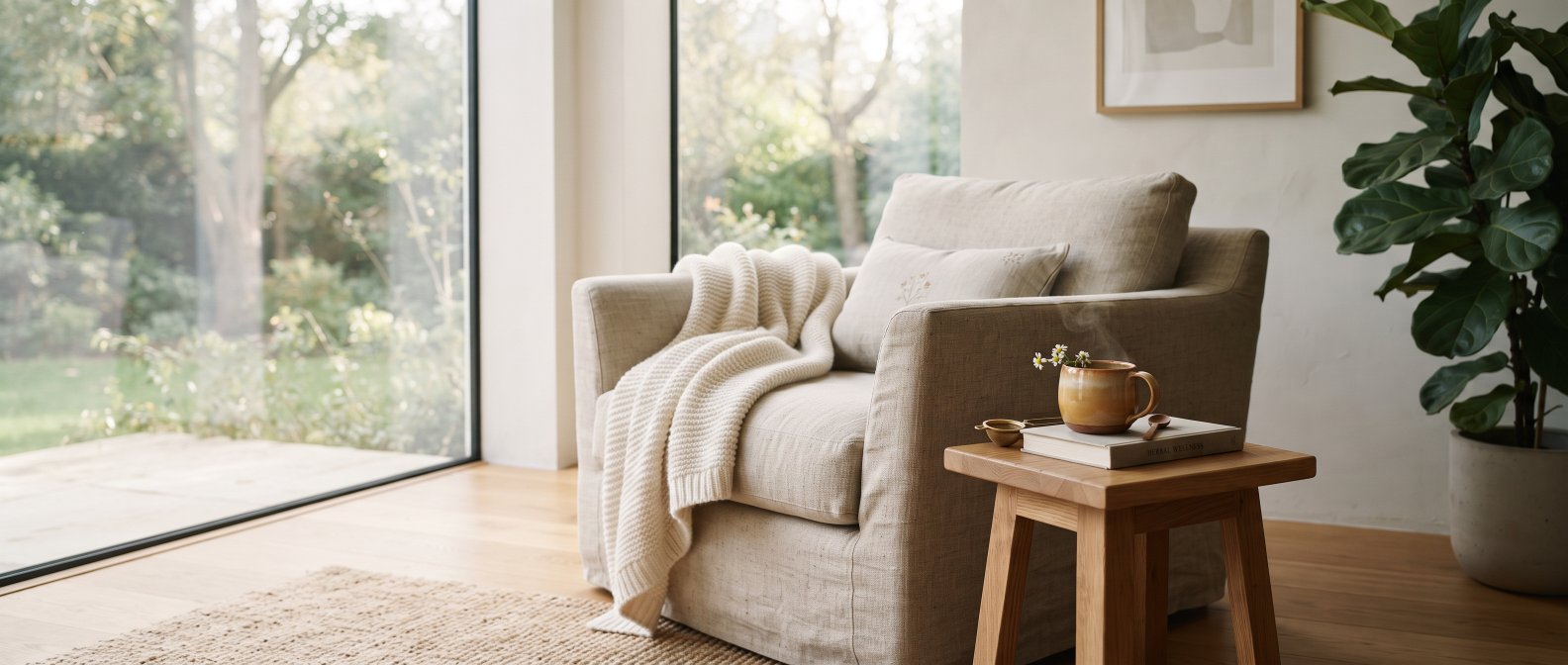 Interieur minimaliste et lumineux, fauteuil confortable avec un plaid, petite table en bois avec une tasse de tisane, ambiance de detente digestive