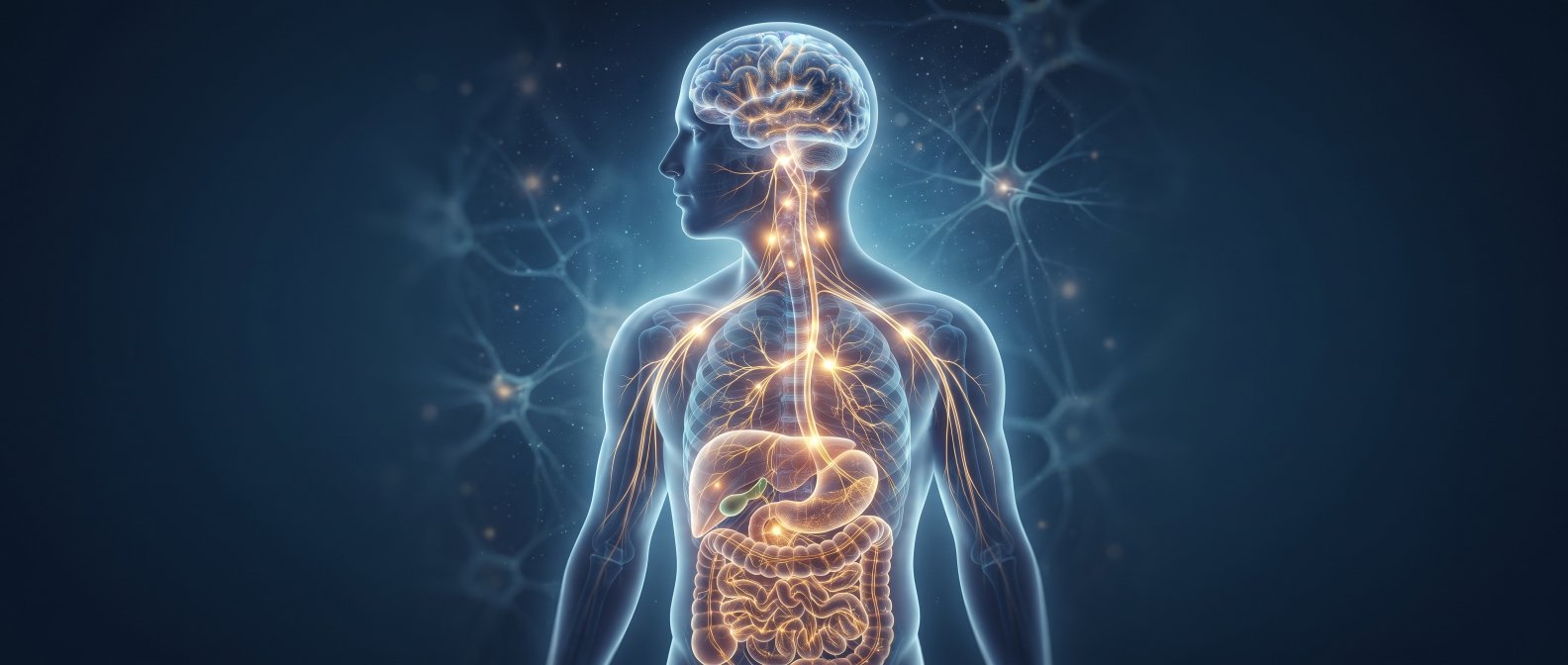 A high-quality glowing scientific representation of the neural connection between a human brain and the digestive system, golden impulses along the vagus nerve, calming dark blue background, professional medical wellness style, no text no labels