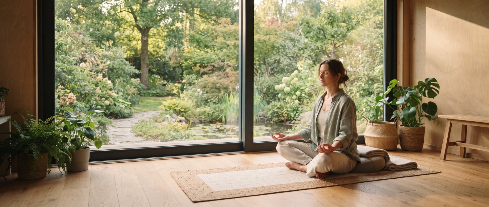 A serene wide-angle photo of a person meditating on a light-colored yoga mat in front of a wide window overlooking a green peaceful garden, soft sunlight bathing the room, deep relaxation and balance, photorealistic, no text no labels