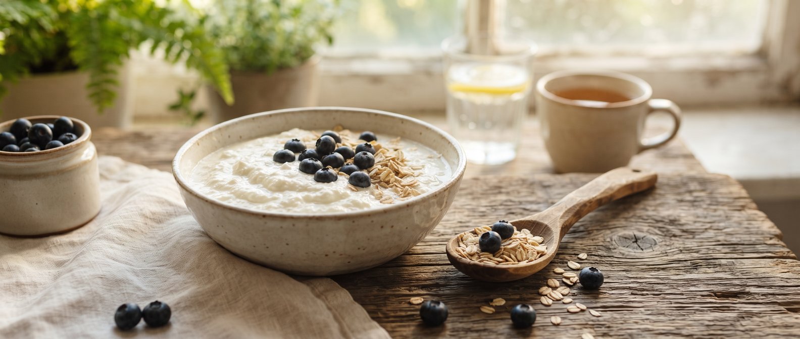 A beautiful high-quality photograph of organic kefir a wooden spoon with oats and wild blueberries on a rustic wooden table softly lit by morning sunlight, natural support for the gut microbiome, no text no labels