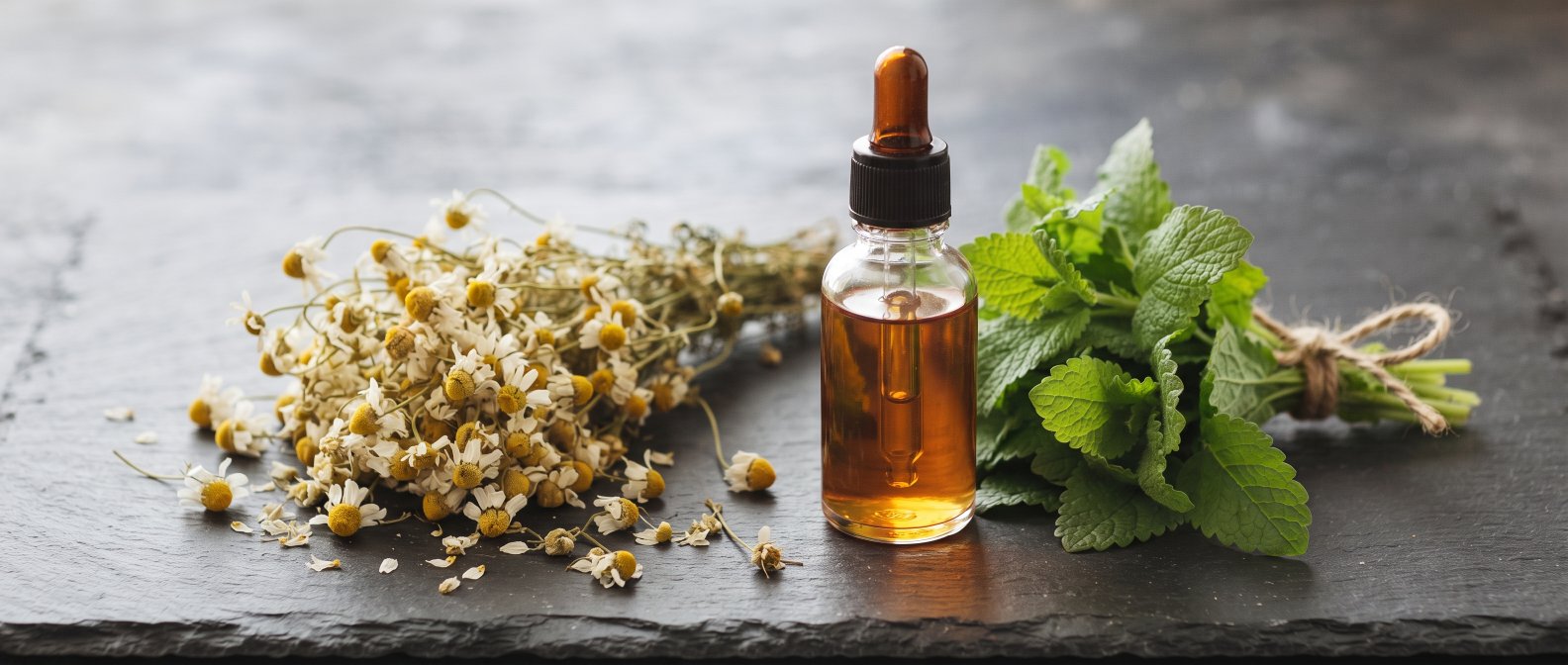 A warm still life featuring dried chamomile flowers a bundle of fresh lemon balm leaves and a clean glass bottle with an amber dropper on a dark slate background, professional natural pharmacy aesthetic soft shadows, no text no labels