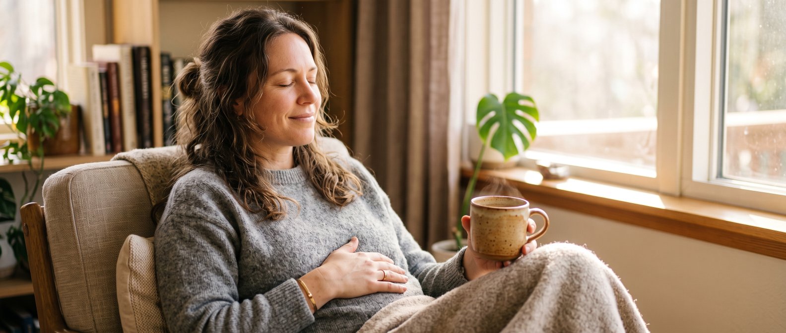 A close-up of a person sitting peacefully in a sunlit room gently resting one hand over their stomach while holding a warm ceramic mug, comfort relief and mindfulness, photorealistic warm light, no text no labels