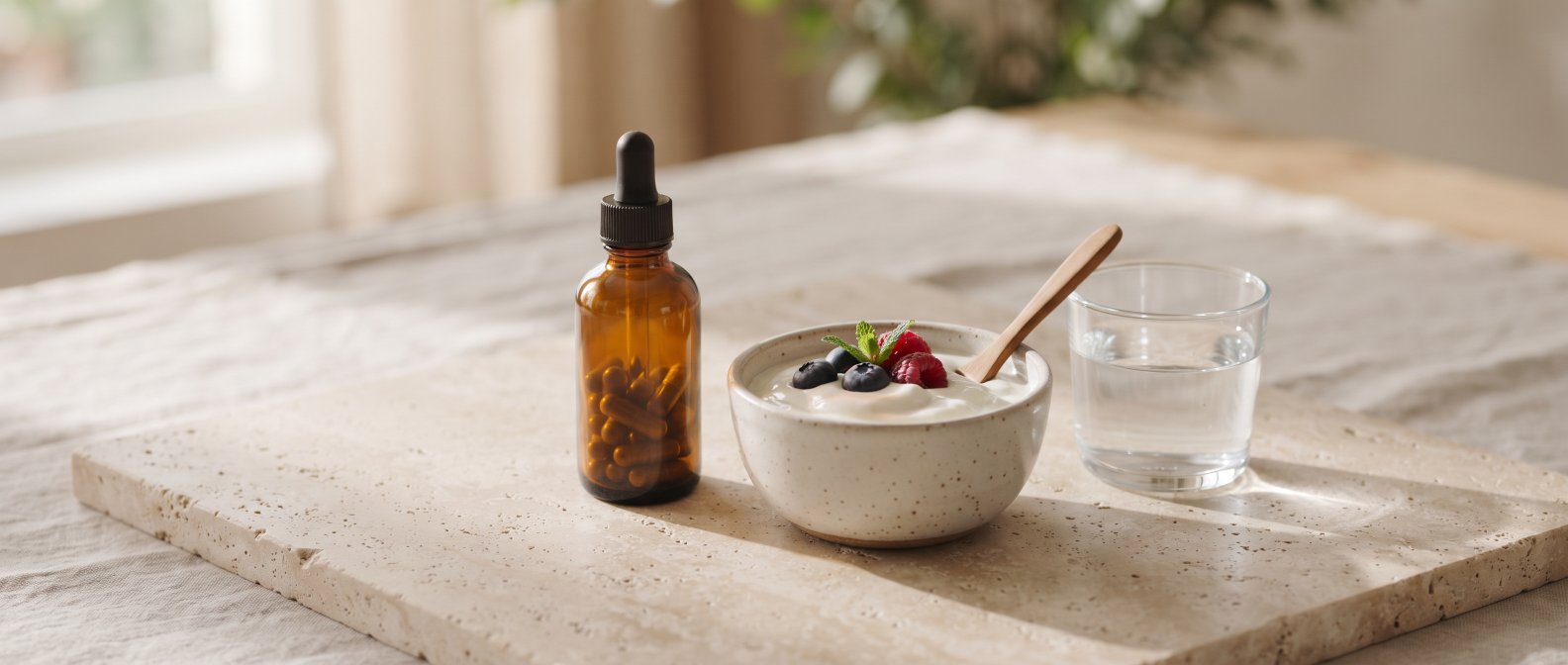 A minimalist aesthetic arrangement on a light stone background featuring an amber glass bottle of supplements a small glass of fresh water and a ceramic bowl of healthy yogurt, soft morning shadows clean wellness, photorealistic, no text no labels