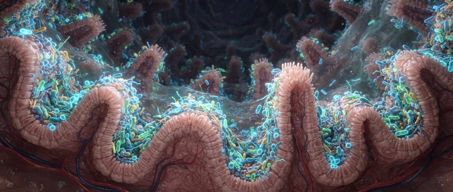A detailed scientific 3D render of a healthy intestinal wall covered with diverse colorful beneficial bacteria glowing in soft blue and green light, balanced rich microscopic ecosystem, photorealistic, no text no labels