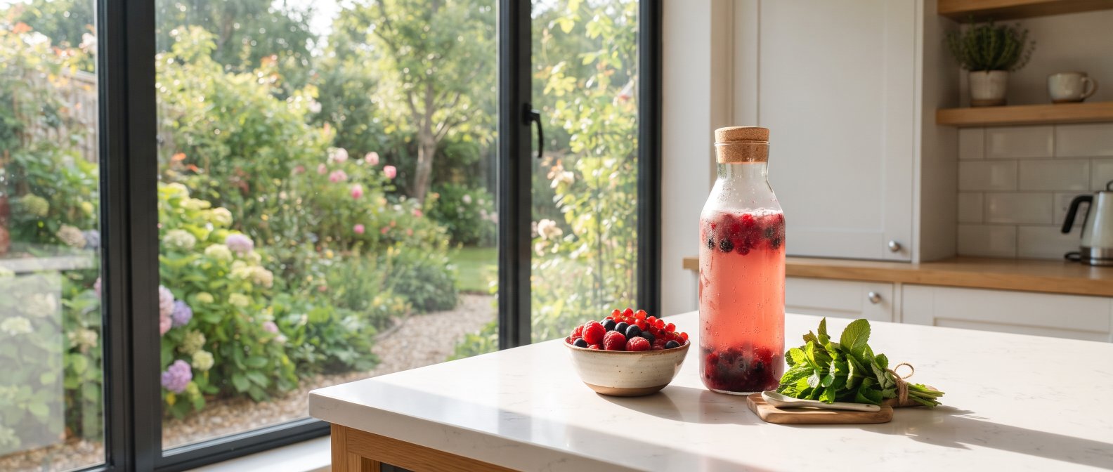 A bright modern kitchen counter with a window looking out onto a lush green garden featuring a tall glass bottle of homemade fruit kefir fresh mint leaves and a bowl of fresh berries, serene peaceful, photorealistic, no text no labels