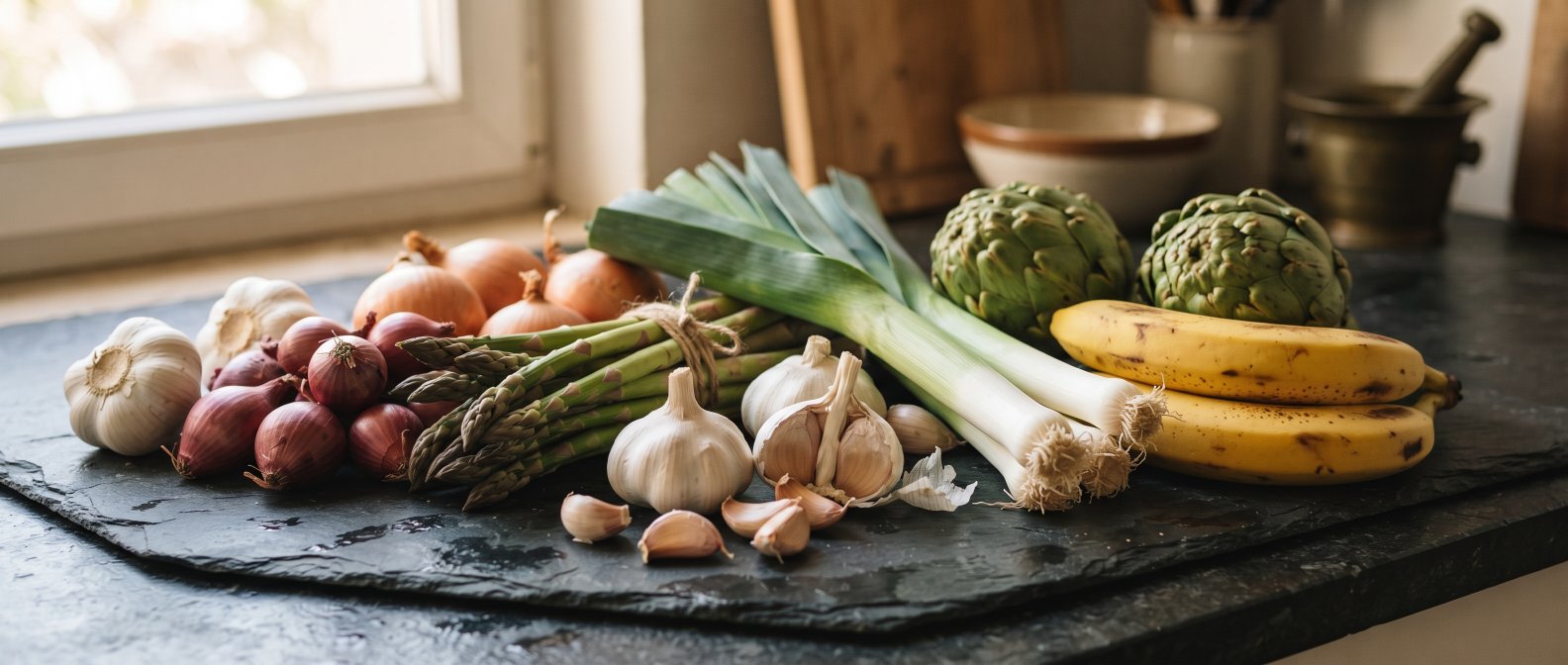 A still life of a dark slate kitchen counter displaying fresh natural ingredients garlic onions asparagus bananas and artichokes bathed in warm soft sunlight highlighting fresh prebiotics, photorealistic, no text no labels