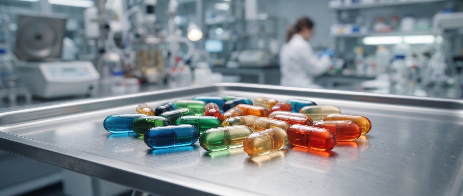 A close-up of medical capsules filled with colored liquids resting on a clean metallic surface with a soft-focus background of clinical equipment illustrating modern biotherapeutic encapsulation technology, photorealistic, no text no labels