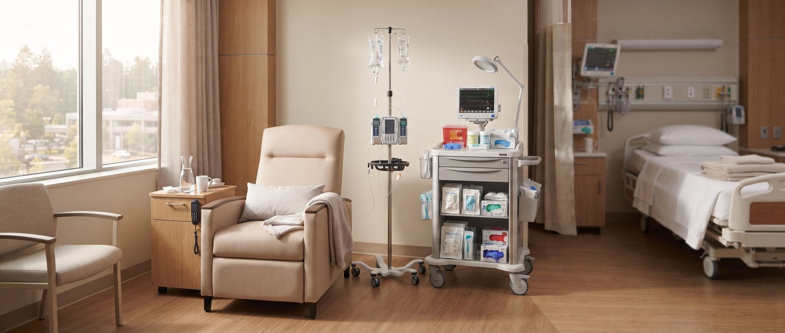 A clean reassuring hospital room setting with soft natural light modern medical cart with sterile equipment an IV stand and a comfortable recliner chair emphasizing patient care safety and comfort, photorealistic, no text no labels