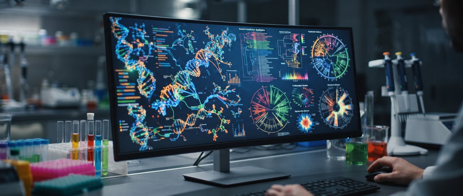 A close-up of a high-tech computer monitor in a laboratory displaying colorful detailed graphics of DNA structures and bacterial classification charts with a soft background of glass test tubes, photorealistic, no text no labels