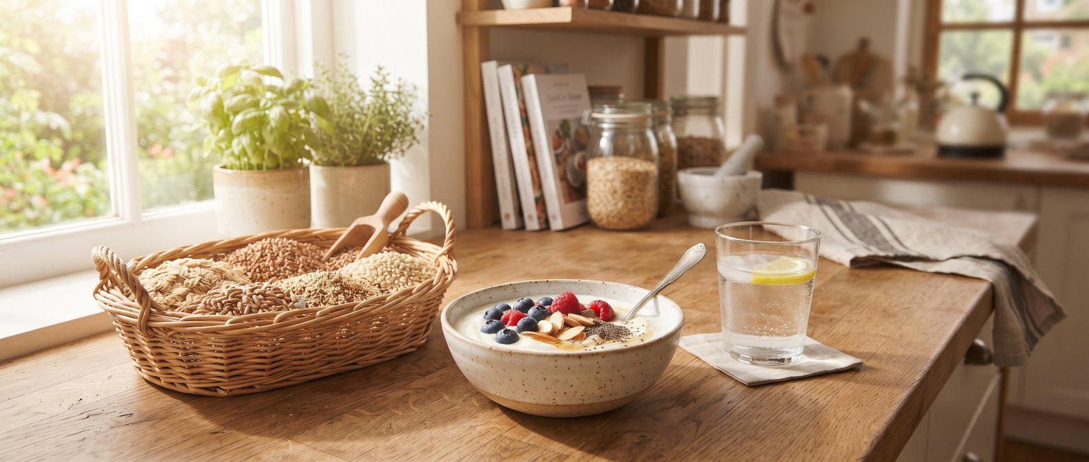 A warm inviting kitchen counter with a basket of fresh whole grains a ceramic bowl of natural yogurt and a fresh glass of water showing a healthy daily routine under soft bright sunlight, photorealistic, no text no labels