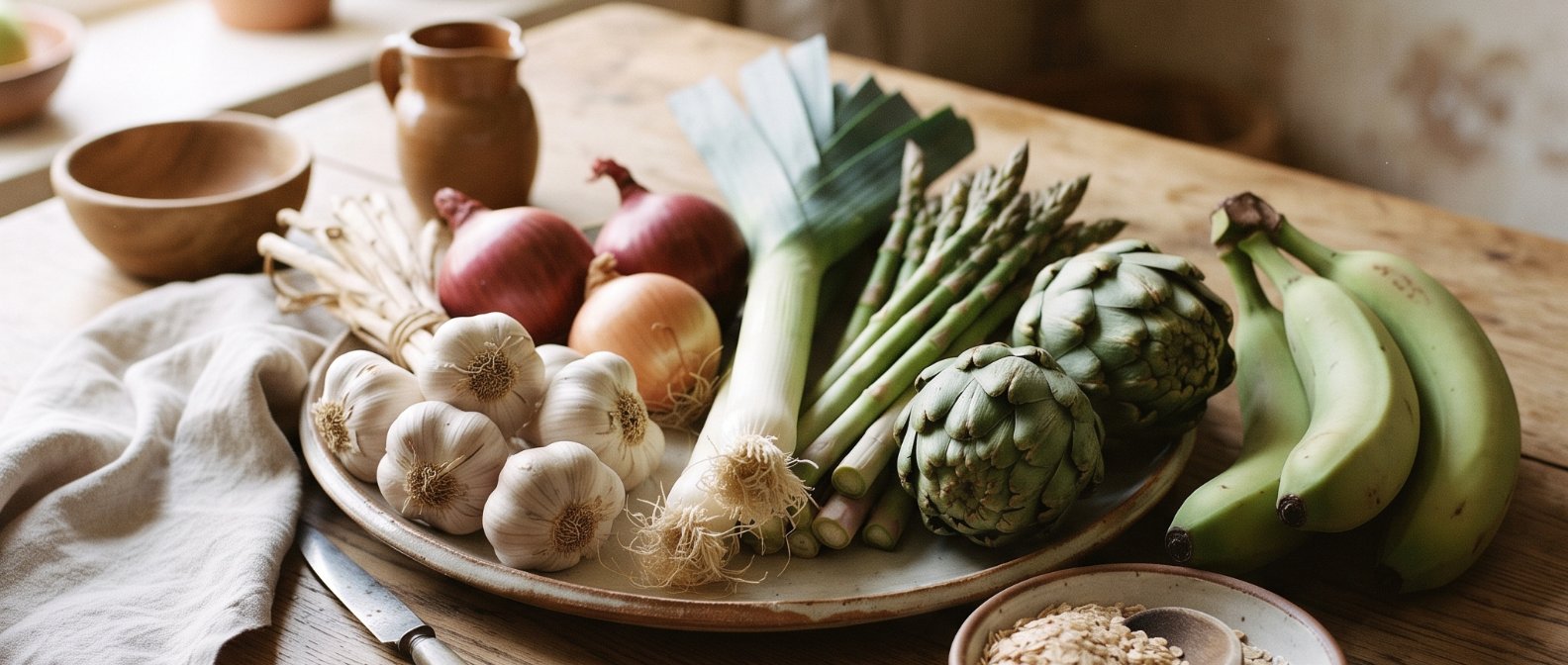 A beautifully arranged rustic kitchen table featuring fresh whole foods rich in prebiotics including raw garlic onion leek asparagus oats and slightly green bananas bathed in soft morning light, photorealistic, no text no labels