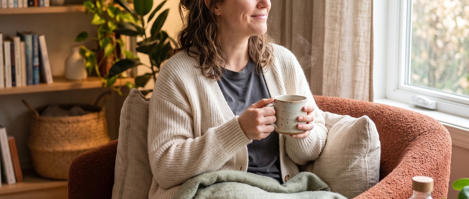 A cozy calming portrait of a person sitting in a softly lit modern living room with a warm mug in hand looking relaxed and peaceful conveying physical comfort and internal balance, photorealistic, no text no labels