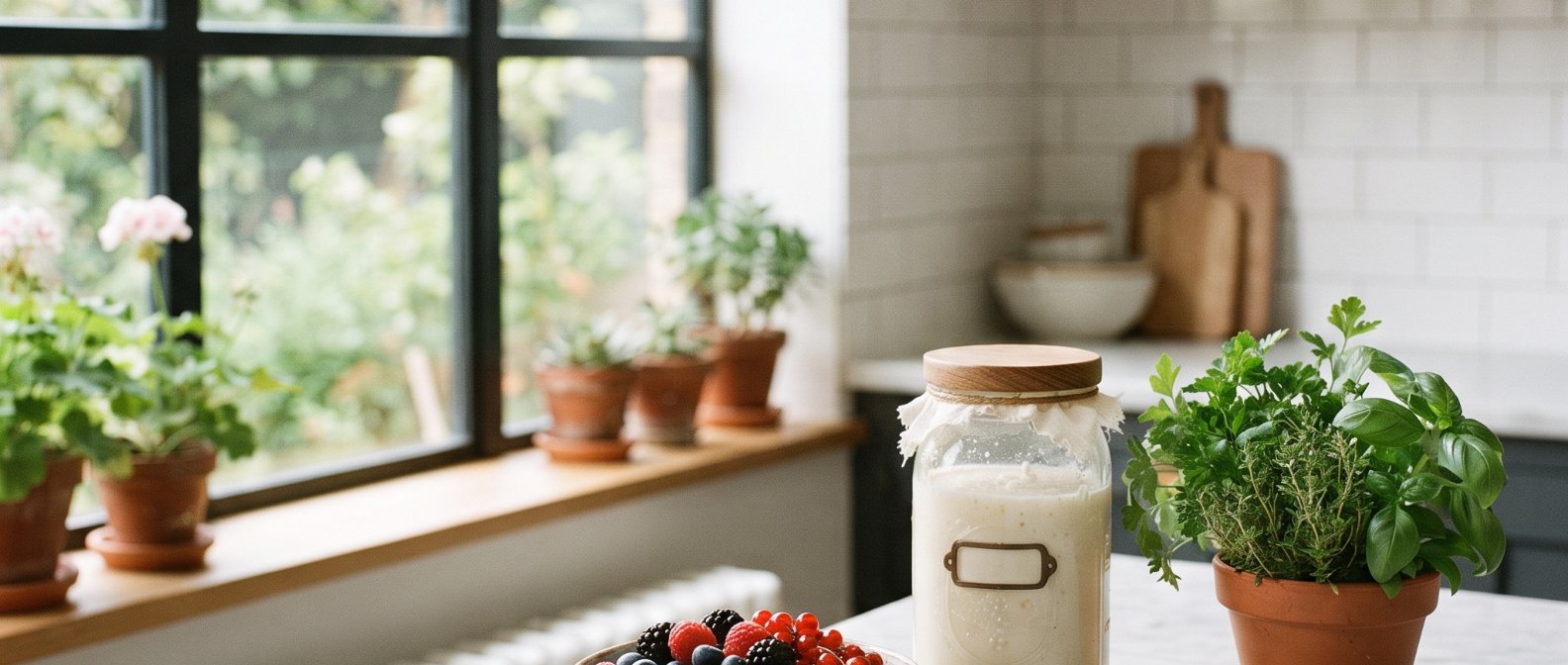 A bright modern kitchen interior with a marble countertop displaying a bowl of mixed fresh berries a glass jar of homemade fermented kefir and some green herbs with warm sunlight through a large window, photorealistic, no text no labels
