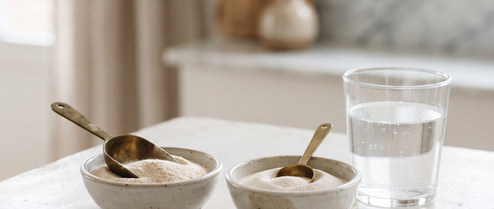 A refined still life composition featuring a scoop of psyllium husk powder and inulin fiber with a fresh glass of water in a soft-focus background clean minimalist wellness aesthetic, photorealistic, no text no labels
