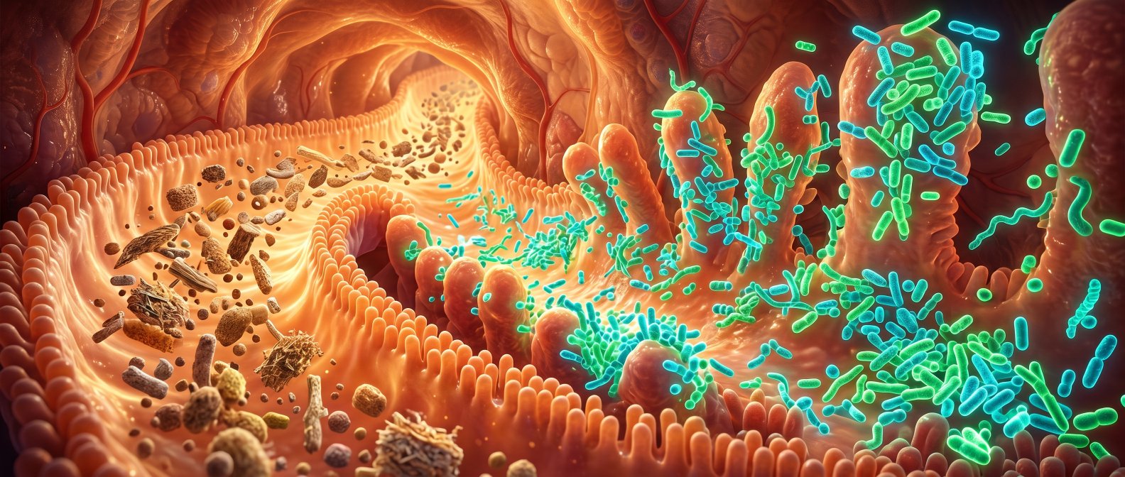 A beautiful scientific illustration of micro dietary fibers traveling down a glowing warm-toned intestinal pathway to feed friendly glowing green and blue bacteria, photorealistic, no text no labels