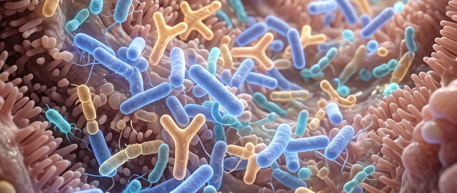 A highly detailed microscopic scientific 3D render of beneficial probiotic bacteria rod-shaped lactobacilli and y-shaped bifidobacteria glowing with soft blue and gold lights within a clean intestinal environment, photorealistic, no text no labels