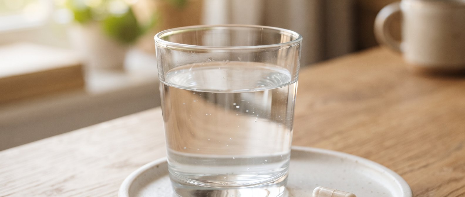 A neat close-up shot of a transparent glass of water standing next to two elegant light-colored dietary capsules on a textured white ceramic coaster illuminated by soft natural morning sunlight, photorealistic, no text no labels